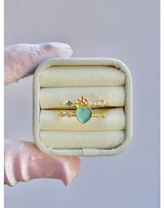 Yeşil Kalpli Taşlı Zarif Ayarlanabilir Yüzük