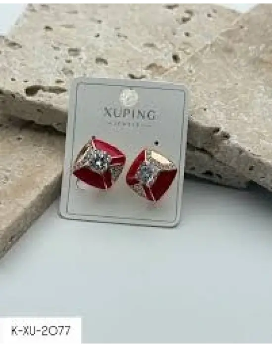 Fuşya Mine Renkli Ortası Taşlı Zarif Kare Küpe