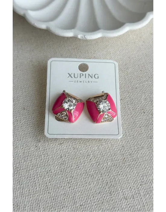 Fuşya Mine Renkli Ortası Taşlı Zarif Kare Küpe