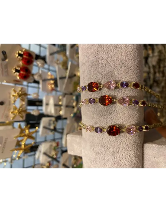 Kırmızı ve Mor Taşlı Altın Renk Oval Su Yolu Bileklik