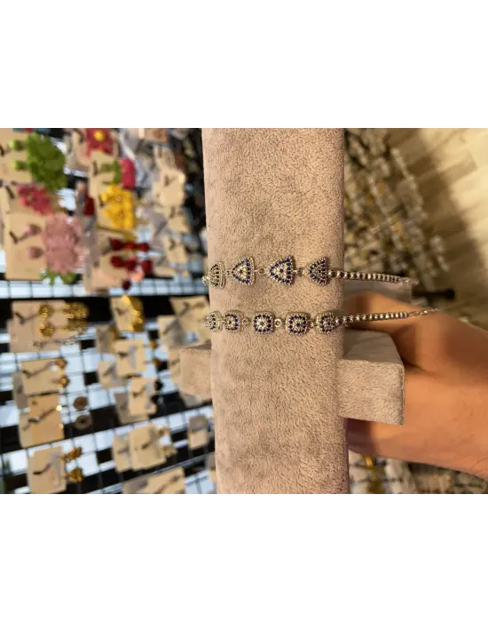 Mavi Taşlı Kare ve Üçgen Nazar Boncuklu Bileklik