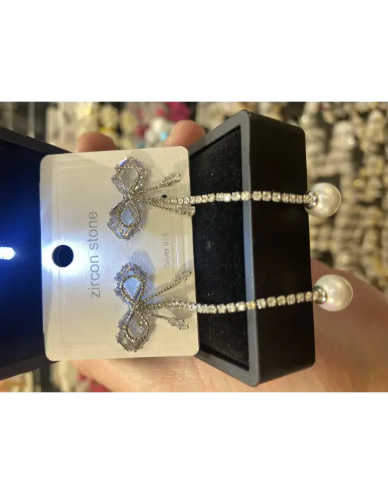 Taşlı Fiyonk Kurdele Küpe Sallantılı İncili