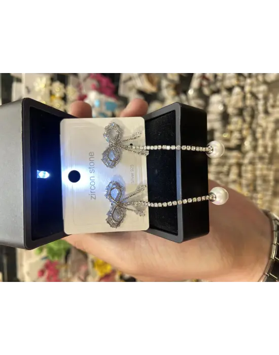 Taşlı Fiyonk Kurdele Küpe Sallantılı İncili