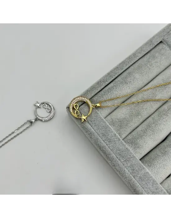 Ay Yıldız Motifli Çelik Kolye Sonsuzluk İşareti Detaylı