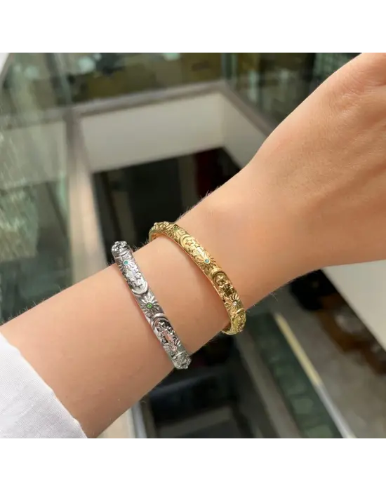 Renkli Taşlı Güneş ve Yıldız Motifli Kelepçe Bileklik