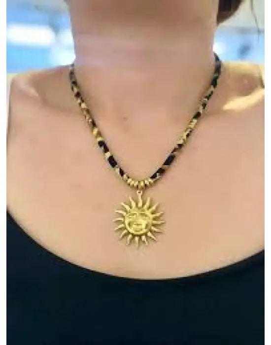 Leopar Desenli İp Zincirli Altın Güneş Kolye