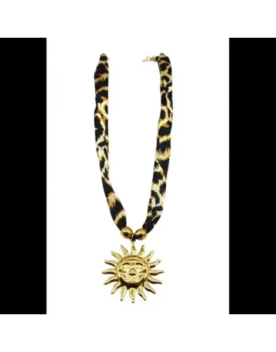 Leopar Desenli İp Zincirli Altın Güneş Kolye