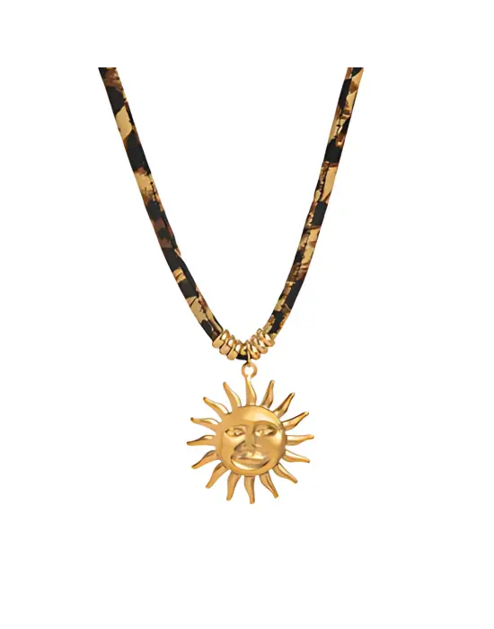 Leopar Desenli İp Zincirli Altın Güneş Kolye