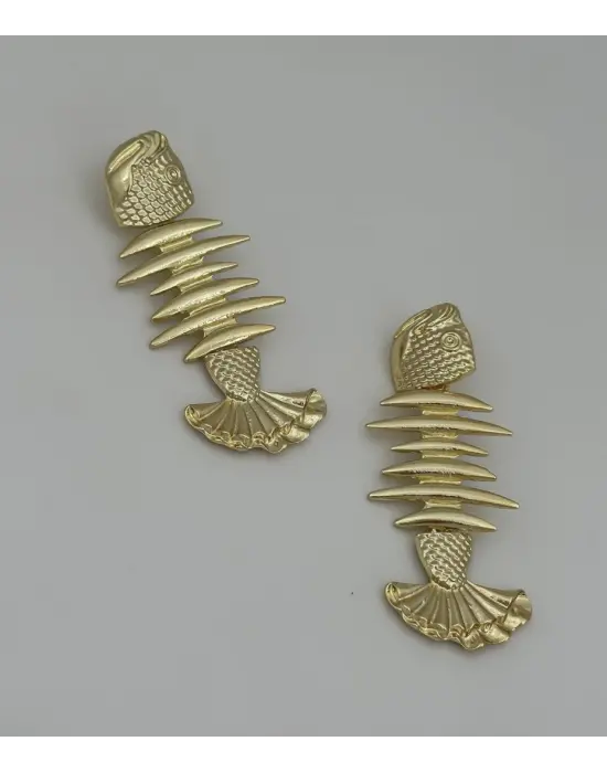 Altın Renk Balık Motifli Küpe Fishbone Kılçık Figür