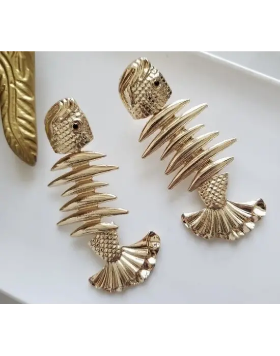 Altın Renk Balık Motifli Küpe Fishbone Kılçık Figür