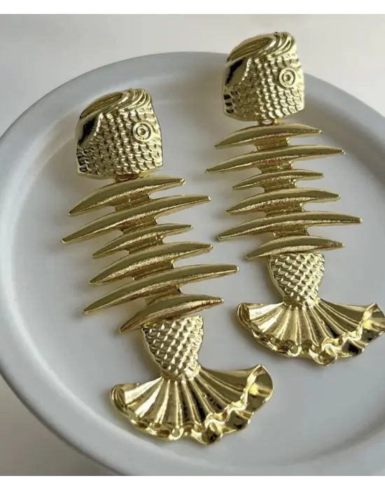 Altın Renk Balık Motifli Küpe Fishbone Kılçık Figür