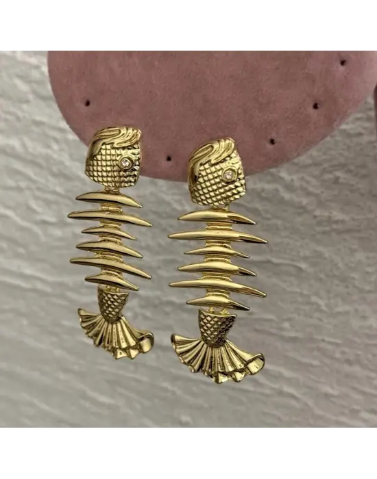 Altın Renk Balık Motifli Küpe Fishbone Kılçık Figür