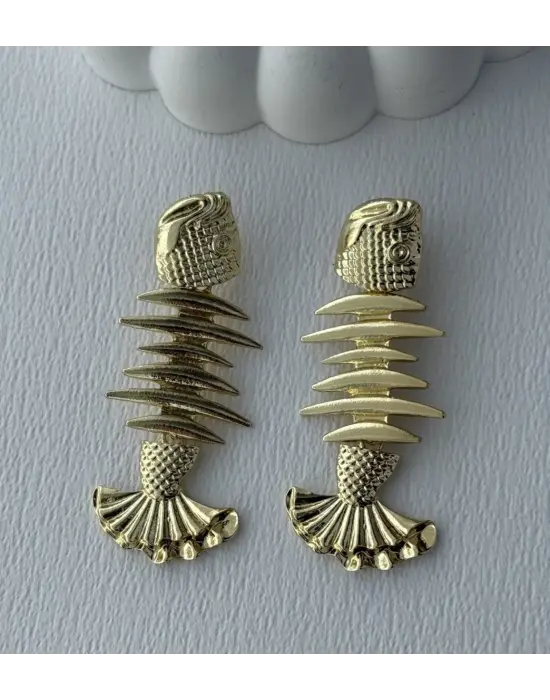 Altın Renk Balık Motifli Küpe Fishbone Kılçık Figür