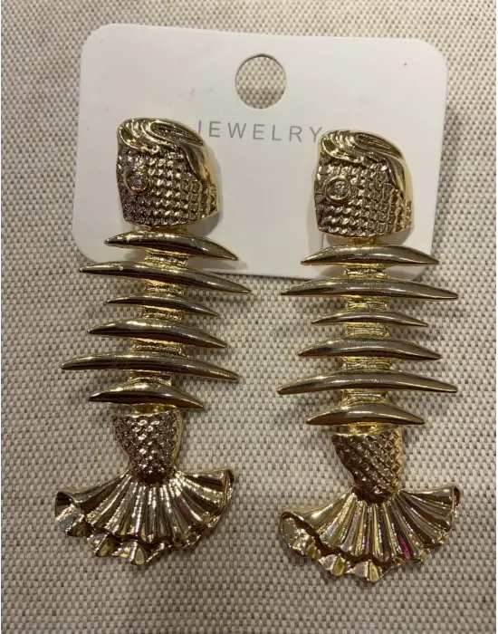 Altın Renk Balık Motifli Küpe Fishbone Kılçık Figür