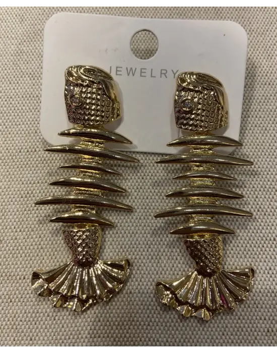 Altın Renk Balık Motifli Küpe Fishbone Kılçık Figür