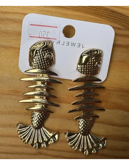 Altın Renk Balık Motifli Küpe Fishbone Kılçık Figür