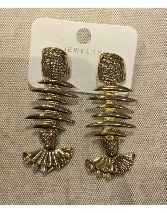 Altın Renk Balık Motifli Küpe Fishbone Kılçık Figür