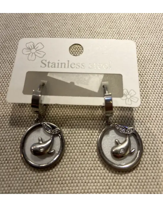 Halka Model Yuvarlak Sallantılı Yunus Balığı Küpe Beyaz