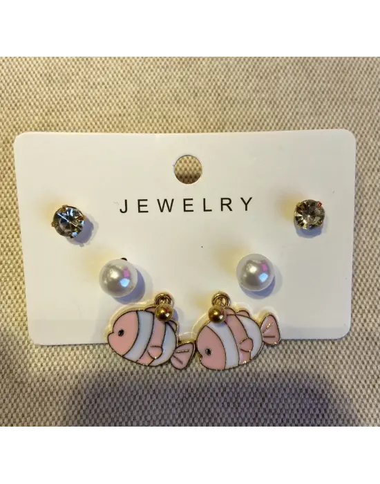 Pembe Süs Balığı Motifli İncili Çocuk Set Küpesi