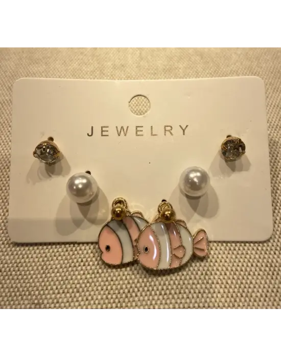 Pembe Süs Balığı Motifli İncili Çocuk Set Küpesi