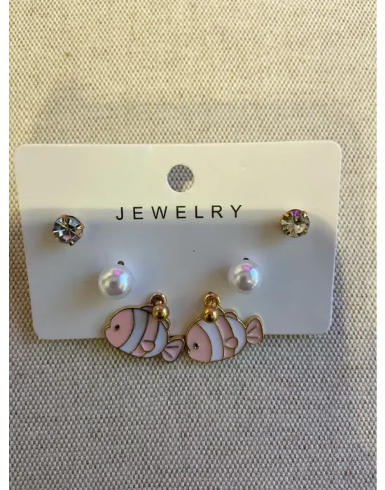 Pembe Süs Balığı Motifli İncili Çocuk Set Küpesi