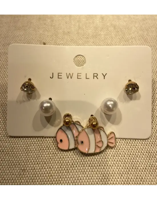 Pembe Süs Balığı Motifli İncili Çocuk Set Küpesi