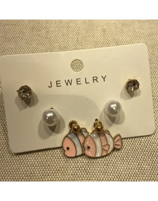 Pembe Süs Balığı Motifli İncili Çocuk Set Küpesi