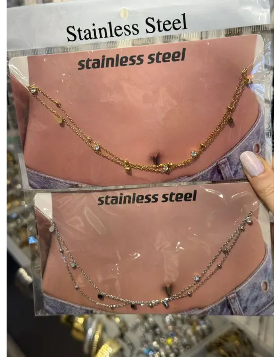 Dorika Topçuklu Çelik Bel & Göbek Zinciri Gold Gümüş