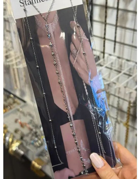 Uzun Vücut Zinciri Yıldız ve Kalp Detaylı Gümüş