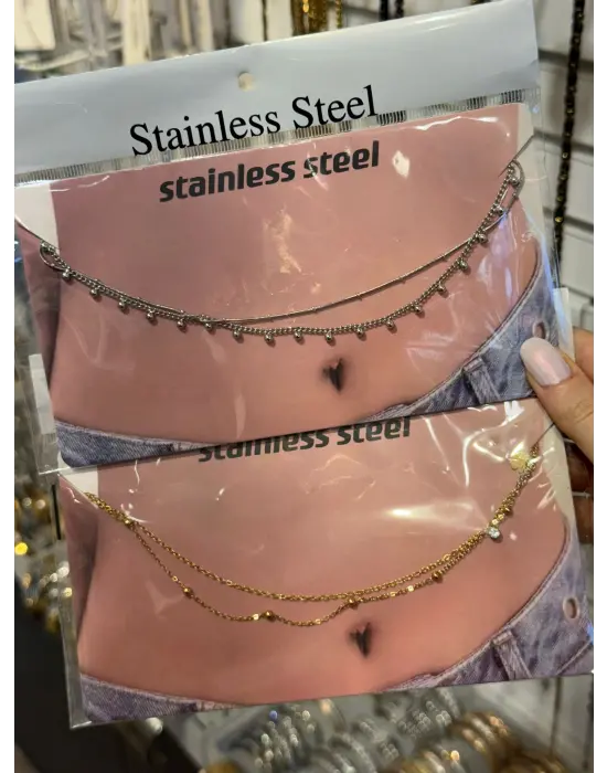 Gümüş Tonlu Çelik Çift Katlı Bel Zinciri - Zarif Vücut Aksesuarı