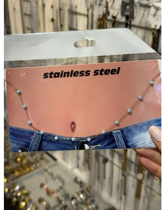 Turkuaz Boncuklu Altın Çelik Bel Zinciri – Renkli Vücut Zinciri