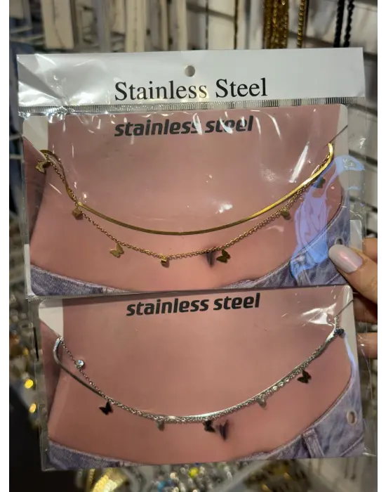 Kelebek Detaylı Çelik Bel Göbek Zinciri Altın ve Gümüş