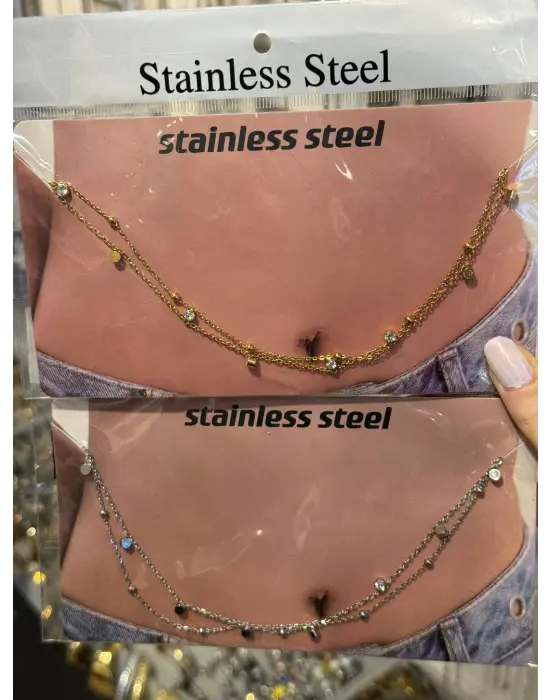 Taş Detaylı Çift Katlı Vücut Kolyesi Işıltılı Göbek Zinciri