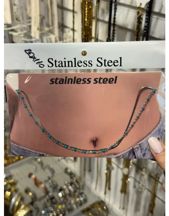 Turkuaz Boncuklu Çelik Göbek Kolyesi Bohem Vücut Zinciri