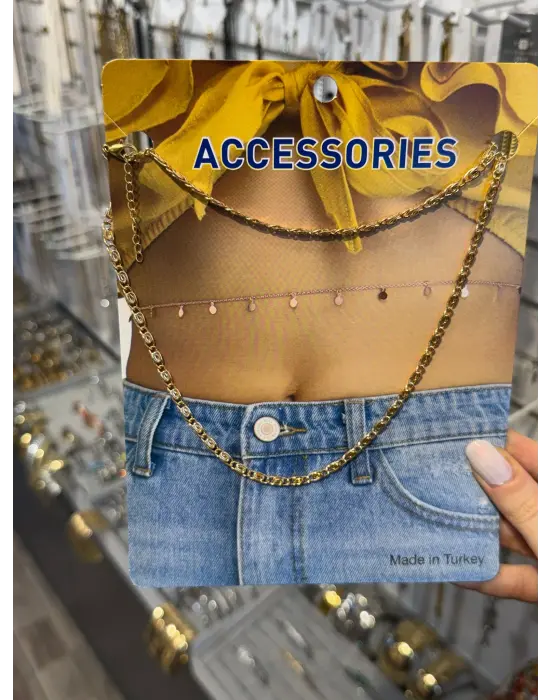 Kalın Halkalı ve İnce Detaylı Altın Renk Vücut Zinciri Çift Katlı Bel Aksesuarı