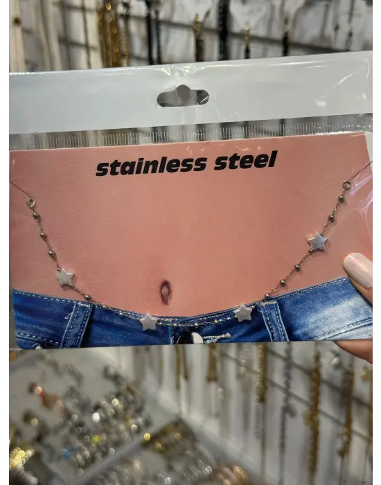 Sedef Yıldız Detaylı Çelik Göbek Kolyesi Zarif Vücut Zinciri