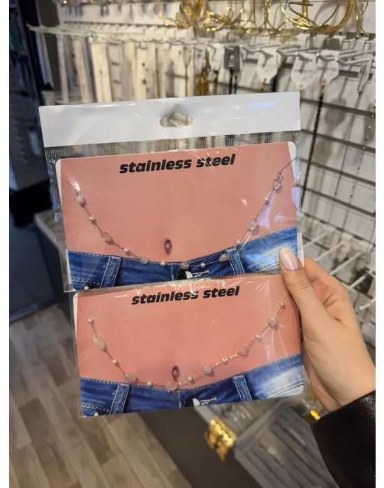 Pembe Taş Detaylı Çelik Göbek Zinciri Romantik Vücut Kolyesi