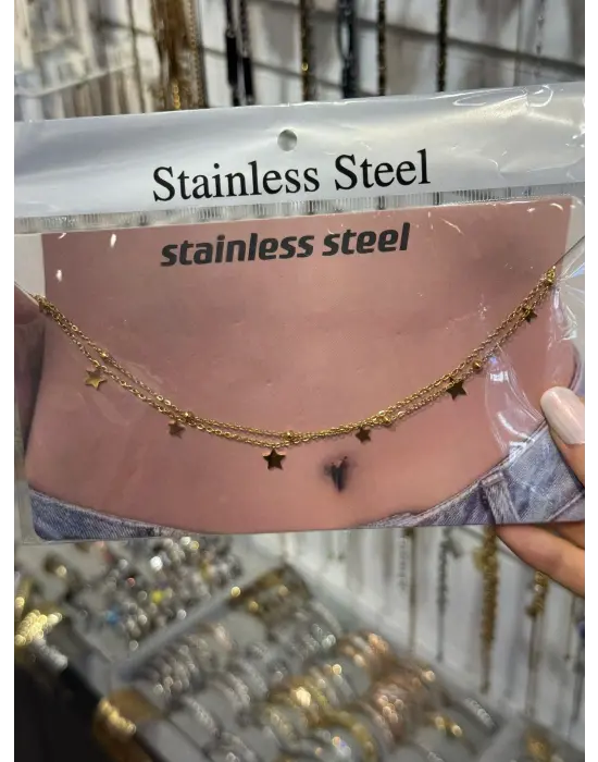 Altın Yıldız Detaylı Çift Katlı Göbek Kolyesi Işıltılı Vücut Zinciri