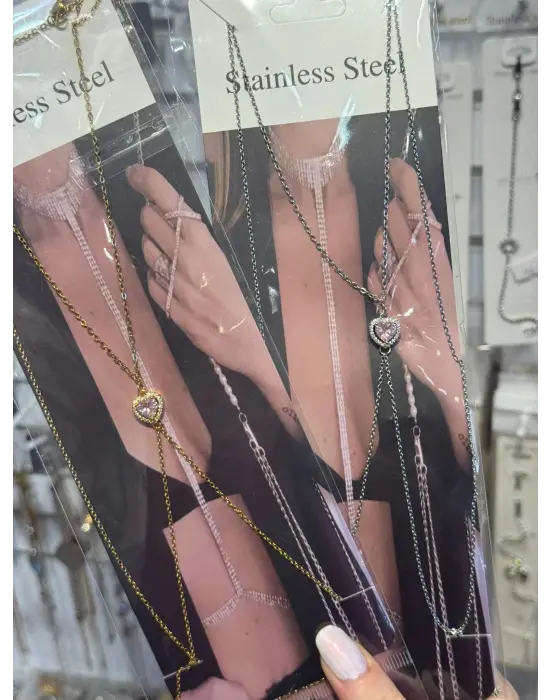 Kalp Taş Detaylı Zincirli Vücut Kolyesi Işıltılı Vücut Zinciri