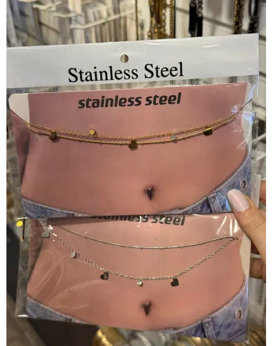 Kalp Figürlü Çift Katlı Göbek Zinciri Zarif Vücut Kolyesi