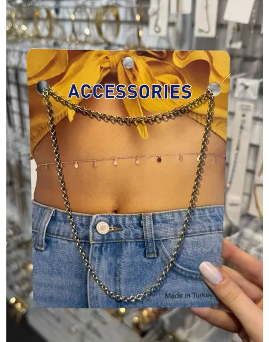 Kalın Halka Detaylı Metal Çelik Vücut Kolyesi Modern Bel Zinciri