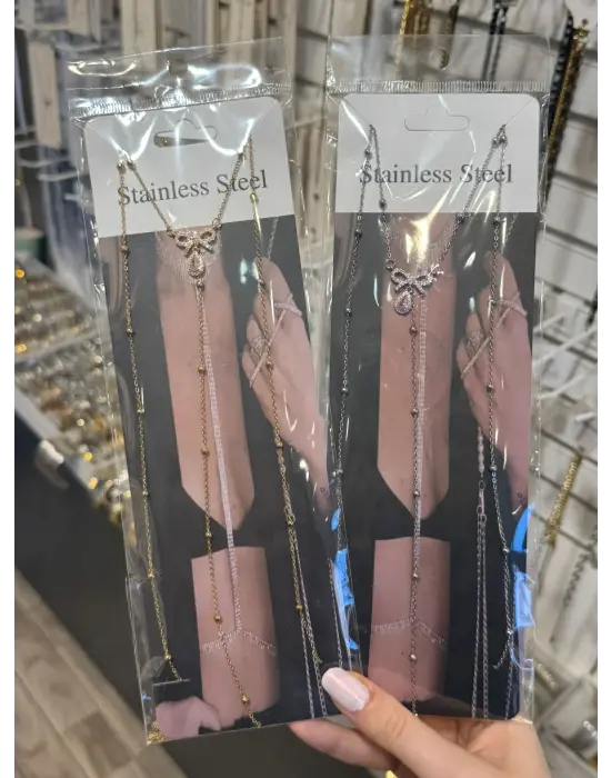 Fiyonk Taş Detaylı Zincirli Vücut Kolyesi Işıltılı Vücut Zinciri