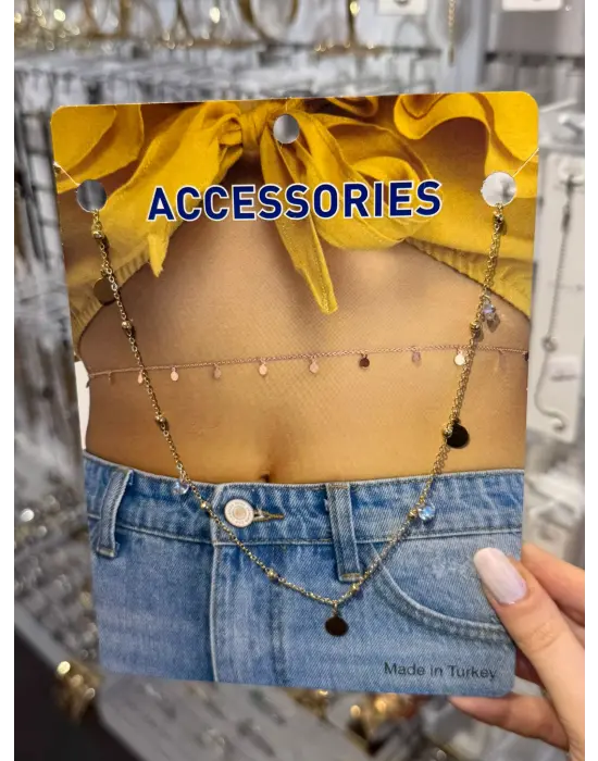 Altın Detaylı Yuvarlak Plaka Süslemeli Vücut Aksesuarı Zarif Göbek Zinciri