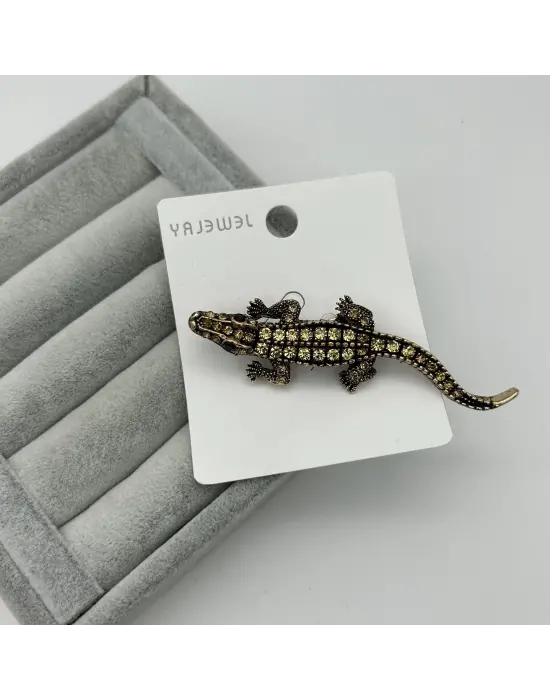 Sarı Taşlı Siyah Timsah Model Hayvanlı Broş