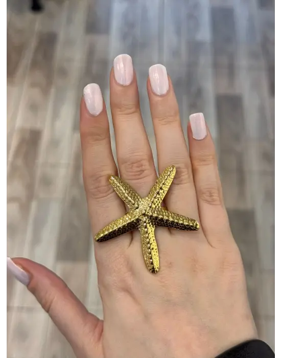 Büyük Boy Kabartmalı Deniz Yıldızı Model Altın Kaplama Yüzük