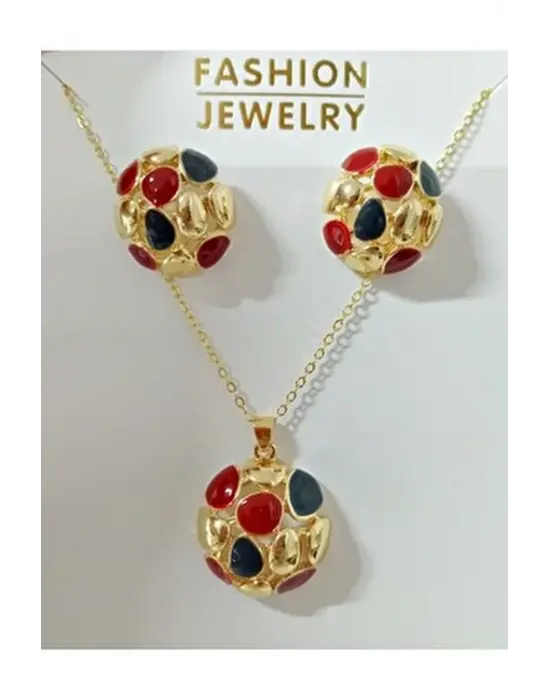 Topçuk Küre Model Kırmızı Lacivert Kolye Küpe Takı Seti
