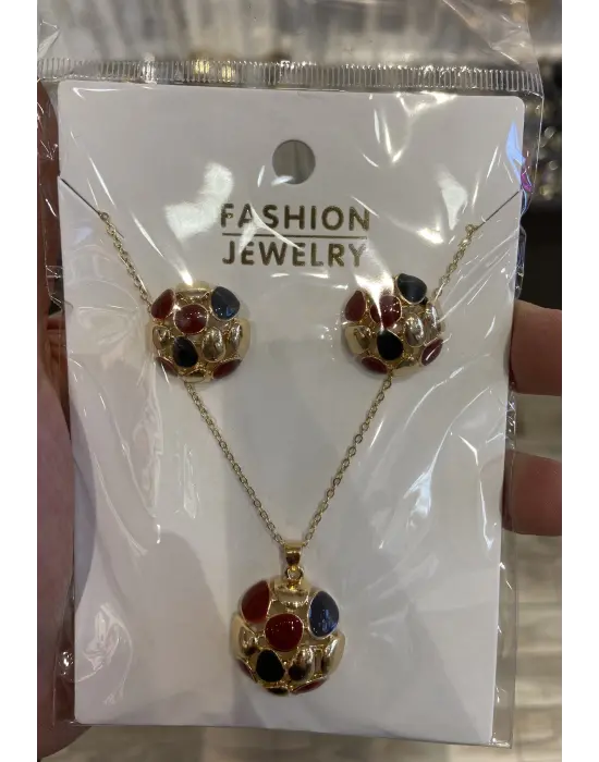 Topçuk Küre Model Kırmızı Lacivert Kolye Küpe Takı Seti