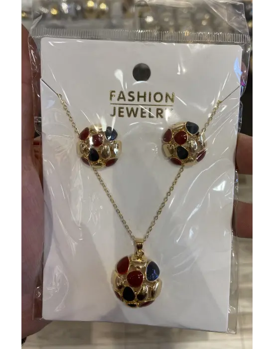 Topçuk Küre Model Kırmızı Lacivert Kolye Küpe Takı Seti