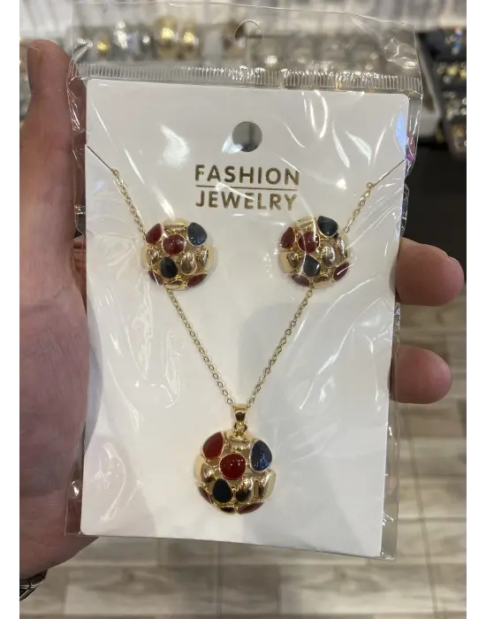 Topçuk Küre Model Kırmızı Lacivert Kolye Küpe Takı Seti