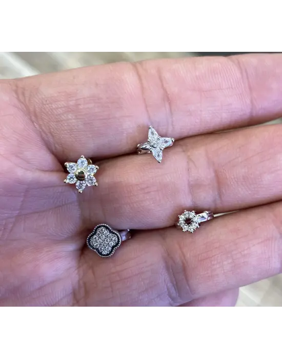 Çiçek Desenli Tragus / Helix Piercing Cerrahi Çelik Gümüş Kaplama